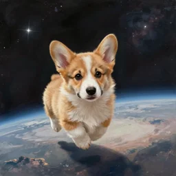 stunning digital painting of a corgi puppy floating in space, smooth, cosmic, calm