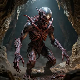 photography hyper realistic and highly detailed horrific entity. disco diffusion style. cave landscape. disco diffusion style, professional digital art, no grain, clear lines render, no blur, octane render, trending on art station, concept art.