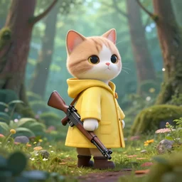 centered portait of a cute humanoid cat soldier wearing a yellow raincoat, venturing through a dense forest, carrying a rifle. realistic 4 k octane render, epic composition, magical atmosphere, ultra hd, masterpiece by petros afshar and rembrandt, trending on artstation, looking back over shoulder, pastel colors, extremely detailed, gorgeous