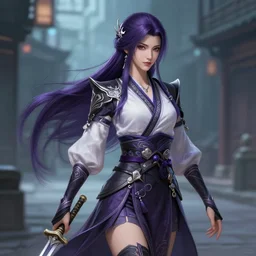 beautiful elegant xianxia ninja heroine 剑 网 3 walking in cyberpunk street, long purple dark hair, ornamental, intricate details, elegant, highly detailed hyperrealistic painting, artstation, concept art, painterly, sharp focus, illustration, epic art by hans jokem bakker, hd