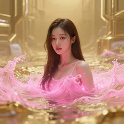lee jin - eun emerging from pink bioluminescent wave in gold cyberpunk theme by greg rutkowski, claude monet, conrad roset, takato yomamoto, james jean, rule of thirds, seductive look, beautiful