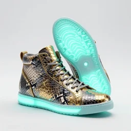one snakeskin hightop sneaker with neon illuminated soles on a white surface, clean 3 d render, beautiful studio lighting, soft, sharp focus, cyberpunk, intricate detail, gold filigree, art by iris van herpen and syd mead