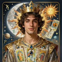oscar isaac portrait by louis - theophile hingre and alphonse mucha, realistic, sharp focus, zodiac signs, tarot cards, planets, ethereal, art nouveau, magic, moon, sun, crown, dreamy, royal, jewellery