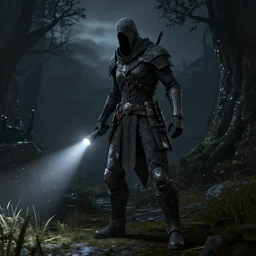 slenderman in skyrim, flashlight on, night