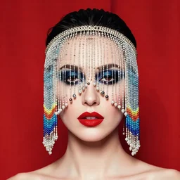an 8 0 s portrait of a woman with dark eye - shadow and red lips with dark slicked back hair with a beaded curtain mask dreaming acid - fueled hallucinations by serge lutens, rolf armstrong, delphin enjolras, peter elson, flat surreal psychedelic colors, background of classic red cloth