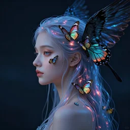 hyperrealism, night background, studio light, profile portrait of a goddess real face jellyfish phoenix butterfly crow wings, artwork by famous digital artists. octane render, trending on artstation, greg rutkowski cinematic, hyper realism, high detail, octane render, 8 k