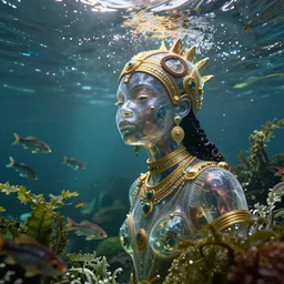 hyperrealistic metamodern cinematic half underwater scene with fish and algae, very expressive! translucent elegant african goddess getting out of water, gold jewerly, highly detailed face, digital art masterpiece, aykut aydogdu zener, dramatic volumetric light, long shot, low angle uhd 8 k, sharp focus