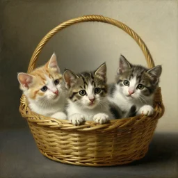 A portrait painting of a basket of kittens by Rembrandt van Rijn, highly detailed, famous, trending on art station