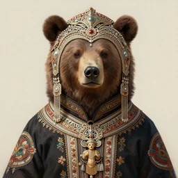 a portrait of a female bear hybrid, upper half portrait, decorated with russian motifs, russian shaman, siberia, traditional russia, intricate, elegant, highly detailed, symmetry, headpiece, digital painting, artstation concept art smooth sharp focus, illustration, art by artgerm and greg rutkowski alphonse mucha 8 k