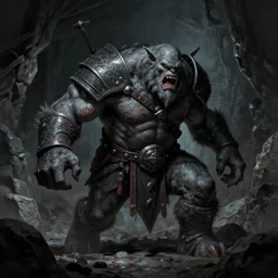 troll blacksmith 3 / 4 body shot by anato finnstark by peder balke by chip zdarsky, rocks and stone dark mystic. artstation brushed illustrated print epic - agony desperate expression kvlt nordic noir cave dark 1 6 : 9 format videogame title
