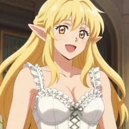 Worksafe. Cinematic, epic. Fantasy, fairytale. Close-up gentle blonde elven magician princess wearing white luxury bridal bra with many frills and laces, expressing joy. By krenz cushart, makoto shinkai and pixiv. Accurately shaped manga face. A very clean image. Bold contours. High contrast and gentle colors.