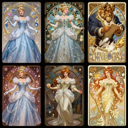 Character fashion spot illustrations of Cinderella and Beauty and the Beast crossover, colorful, Rococo and Art Nouveau, full-body, bloom, dynamic poses, diaphanous cloth, intricate crystalline and feather jewelry, ornate, filigree, arcane, cinematic lighting, by Artgerm, by Alphonse Mucha, by Bouguereau, by Sakimichan, fantasy, portfolio illustration, highly detailed, trending on Artstation, CGsociety, HQ, 8k, 35mm lens, f2.8, Bokeh,