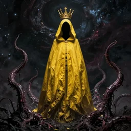 a full body portrait of a mysterious character with no face with a very long hooded yellow cloak, a golden crown floating above his head tentacles coming out the ground art by james paick, and shaddy safadi, ominous, cosmic horror, trending on artstation, ultra detailed, hyper realistic 4 k