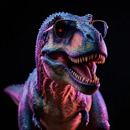 still of a poster with a close up photo of a real T-Rex wearing sunglasses, black background, in the movie Blade Runner 2049, HD, neon lit, highly detailed, no text