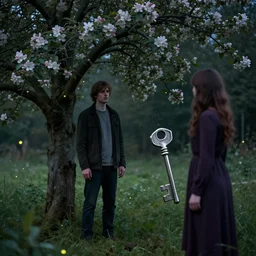 ! dream a man is standing by apple tree. he watches a woman who has a very large silver key. folk horror. eerie. fine detail. realistic. fireflies. colourful