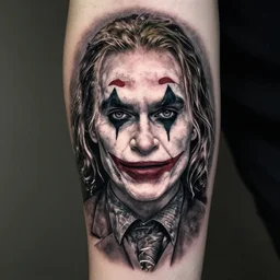 tattoo design of margot robbie with joker makeup, ace card, in the style of da ink, realistic face, black and white, realism tattoo, hyper realistic, highly detailed