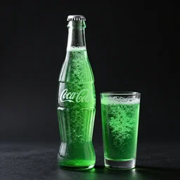 product photo still of a long slender coca cola style bottle filled with bubbling green glowing liquid with a glass filled with green bubbling glowing liquid next to it, 8 k, 1 0 0 mm f 1. 4