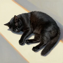 black cat with a stubby tail sleeping in a sunbeam, pointillism