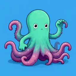 an illustration of a cute cthulhu monster by stan lee moving it's tentacles against a blue background, digital art