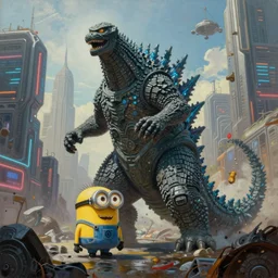 an epic painting of minion as godzilla, destroying cyberpunk megapolis, oil on canvas, perfect composition, golden ratio, beautiful detailed, photorealistic, digital painting, concept art, smooth, sharp focus, illustration, fantasy background, artstation trending, octane render, unreal engine