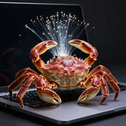a crab in front of an open laptop, by pre - raphaelite brotherhood, unreal engine, glamor shot, nikon d 7 5 0, closeup, f / 2. 8, low contrast, rim lighting, optical fiber, cinematic lighting, insanely detailed and intricate, hypermaximalist, elegant, ornate, hyper realistic