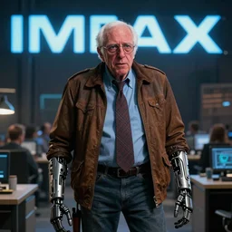Cinematic Imax depiction of Bernie Sanders as a rustic cyborg in the style of Jason Edmiston 3840 x 2160
