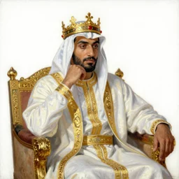 impressionist oil painting of a middle eastern emperor dressed in white and gold garments on his throne with his head leaning on his fist while deep in thought, wearing a vibrant golden crown on his head, white background, king solomon