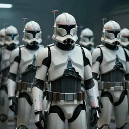 award-winning cinematic still of an army of human clones with their faces visible, highly-detailed, establishing shot, cyberpunk style