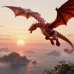 pov from dragon chasing red dragon in sky over islands, shallow depth of field, sunset, octane render