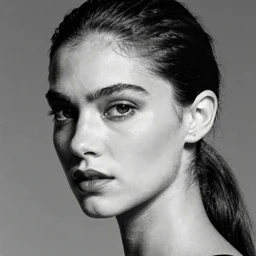 black and white vogue closeup portrait by herb ritts of a beautiful female model, ponytail, high contrast