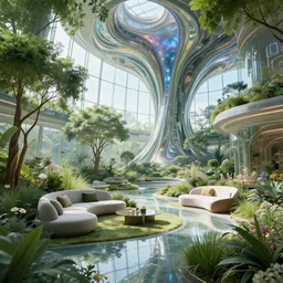 biophilic futuristic cyborg city garden natural beautiful light interior soft cinematic composition of a granite metallic nebula fluid surreal scifi architecture landscape, furniture, trees, grass, flowers, water, glass walls, 8 k, unreal engine, hdr