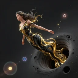 A stunning young ethereal figure, delicately entwined in vibrant fluid hues of black and gold, is being drawn and spaghettified into a blackhole, gravitational lenses, photons, dimples, Fantasy, hyperrealism, 4k, volumetric lighting, three dimensions, spaghettification, a digitally transformed world, user interface design, 3D modeling, artstation, illustration, and transportation design. art by Andrew Chiampo, Frederik Heyman and Jonathan Zawada