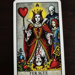 Queen of Hearts, Death Tarot card,highly detailed,cinematic,8k,by Stanley Artgermm,Tom Bagshaw,Greg Rutkowski,Carne Griffiths, Ayami Kojima, Beksinski, Giger,trending on DeviantArt,hyper detailed,horror, full of colour
