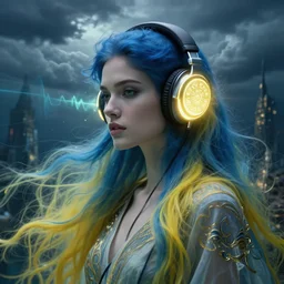 close up portrait, blue and yellow long haired elegant model, female, wearing headphones, by greg rutkowski, in a cabin, storm clouds, fantasy city, glowing headphones, surreal light flowing in the air, ornate design, annie liebovitz, sound waves, powerful zen composition, alphonse mucha, elegant cloth, underwater