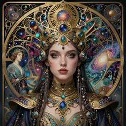 detailed realistic beautiful young groovypunk queen of andromedah galaxy in full regal attire. face portrait. art nouveau, symbolist, visionary, baroque, giant fractal details. horizontal symmetry by zdzisław beksinski, iris van herpen, raymond swanland and alphonse mucha. highly detailed, hyper - real, beautiful