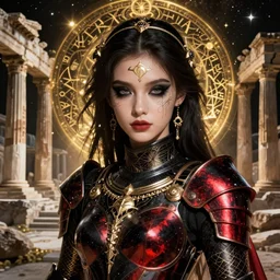 portrait knights of zodiac girl + smoky eyes, black and red reflected armor, in ruined agora of athens, black magic night, ssci - fi, fantasy, intricate, very very beautiful, elegant, golden light, highly detailed, digital painting, artstation, concept art, smooth, sharp focus, illustration, art by tian zi and wlop and alphonse mucha