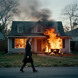 Gregory Crewdson Phography, A woman walks calmly while her house is on fire
