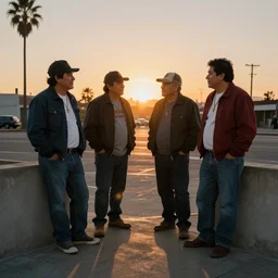 Chicano Homeboys Hanging Out as Friends in East Los Angeles at Sunset
