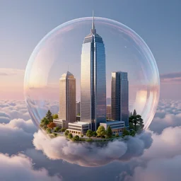 miniature skyscraper inside a bubble, floating on clouds, realistic 3 d render, unreal engine, gardens, maya, 8 k, smooth, sharp focus, octane, twilight