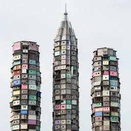 high towers made up of suspended squatter shacks with pastel colours, mamiya, 8 5 mm, uniform plain sky, fine details, photographed by michael wolf