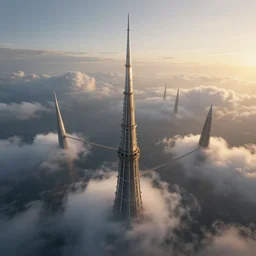 resonance of fate tower art, the last guardian skinny towers, looking down from an infinite spire poking out of the clouds, void below, spire connected with rope bridge!!, babel, vertigo, huge distance, by craig mullins, by ruan jia! golden hour, ( ( dr sues ) ), cold, dramatic lighting
