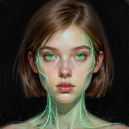 generative art beautiful young woman, green eyes, short brown hair, thin neon wire, black background, digital painting, extremely detailed, 4 k, intricate, brush strokes, johanna martine, janusz jurek, mark arian, artgerm, bastien lecouffe - deharme, peter mohrbacher