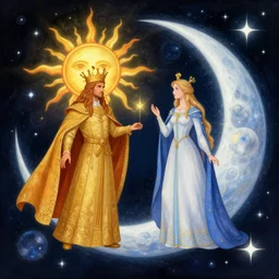 sun king and moon queen in the cosmic court of mystical astronomy, art by jeffrey catherine jones and tyler edlin