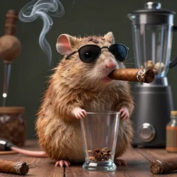 chubby anthropomorphic rat smoking an enormous cigar, wearing sunglasses, long fur,  anthropomorphic, blender, 3d render, 4k