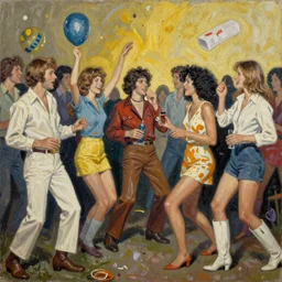 a Mixed media painting of a wild party in the 1970s