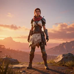 a full body photo of aloy from horizon new dawn using dress, high definition, sunset