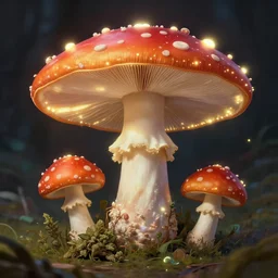 a cute amanita muscaria, weed, lsd, beautiful glowing lights, sci - fi, stunning, intricate, elegant. highly detailed, digital painting. artstation. smooth. sharp focus. illustration. art by artgerm and greg rutkowski and alphonse mucha