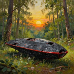 photorealistic painting of abandoned black and red spaceship in summer forest, brom, sunset, mucha, moebius, craig mullins, juan gimenez artstation cgsociety