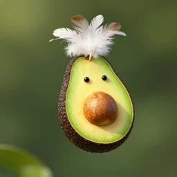 a flying avocado wearing a crown made of feathers