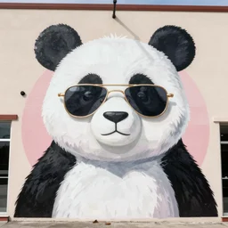 mural of brett gelman with sunglasses wearing a panda suit